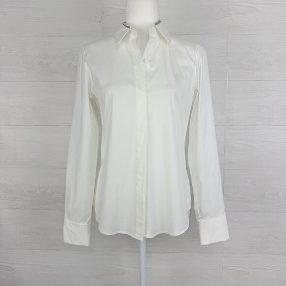 Lafayette 148 White Stretch Cotton Button Up Shirt Size 4 Preppy Long Sleeves - Picture 15 of 16